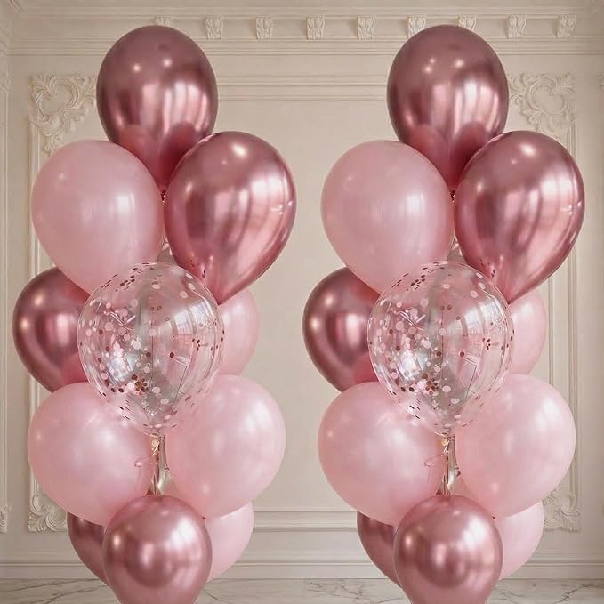 Pink Balloons Set, 12 Inch Pastel Baby Light Metallic Hot Pink
