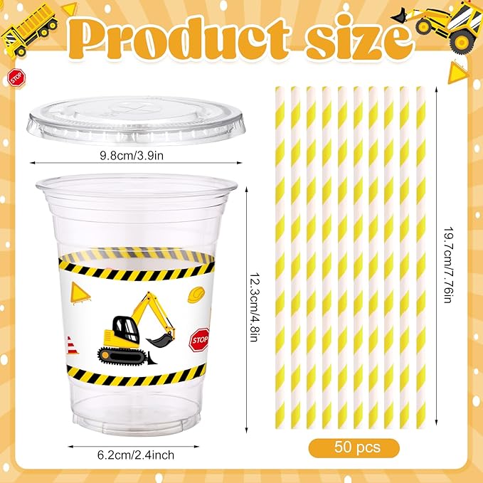 50 Sets Construction Theme Party Plastic Cups with Lids and Straws