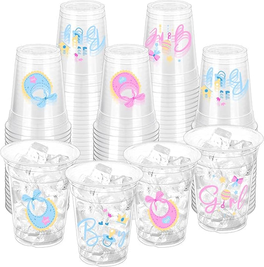 100 Pcs Gender Reveal Party Plastic Cups 12oz Thick Clear Cup Pink