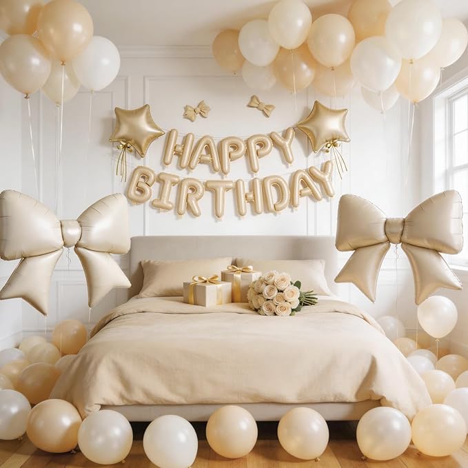 Biapian Apricot Happy Birthday Balloon Banner, 38Inch Bow Aluminum
