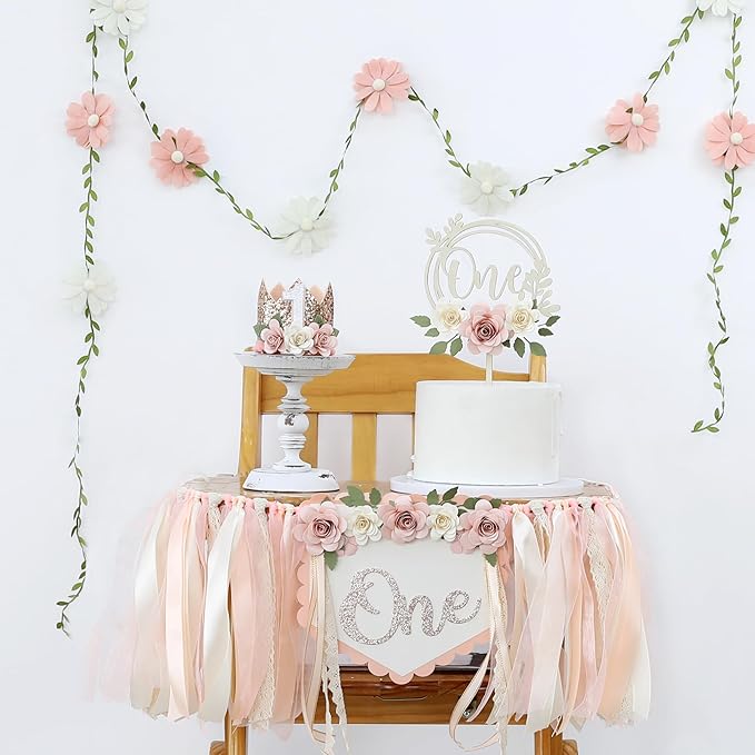 First Birthday Decorations for Girl Light Pink High Chair Banner One
