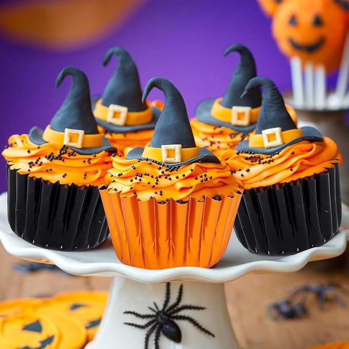 JarThenaAMCS 200Pcs Halloween Cupcake Liners Black Orange Foil