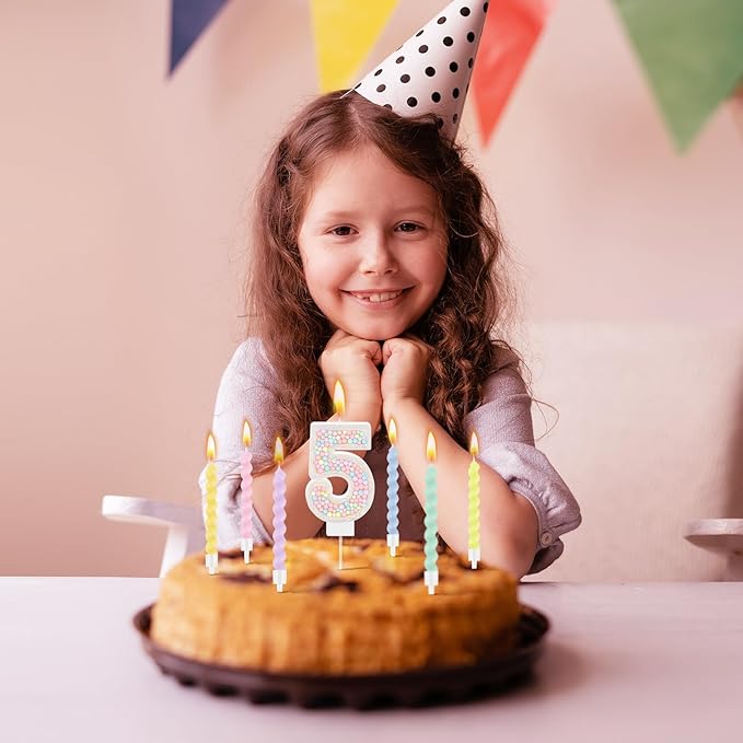 MTLEE Number 5 Birthday Candle with 12 Pcs Spiral Candles for Girls Ma