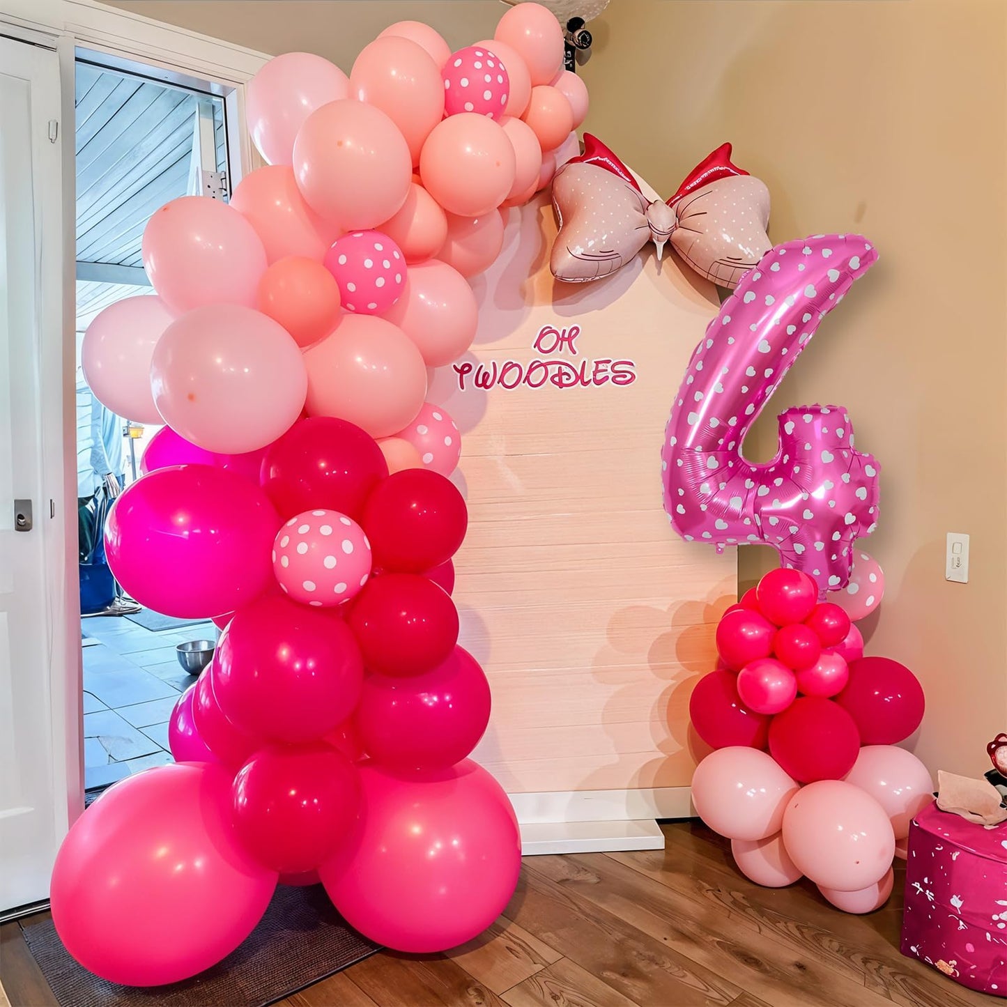 Pink 4th Birthday Balloons Decorations, Hot Pink Rose Polka Dots