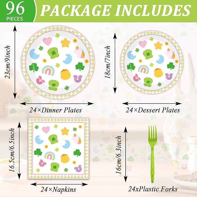 96Pcs St Patrick's Day Party Supplies Pastel Shamrock Plates and