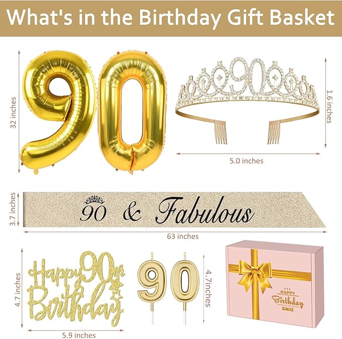 90th Birthday Decorations for Women Gold with 90th Birthday Sash and