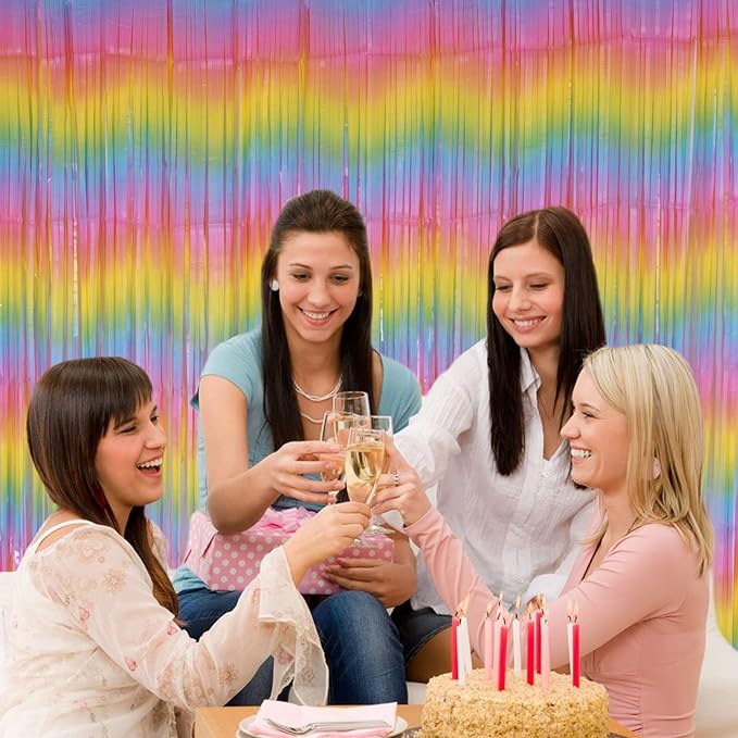 PIGETALE Pastel Rainbow Foil Fringe Curtains, 2Pcs 3.2x8.2ft Metallic