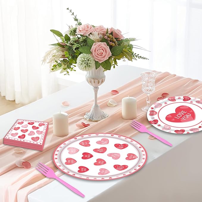 96 Pieces Valentine's Day Tableware Set Red and Pink Heart Message