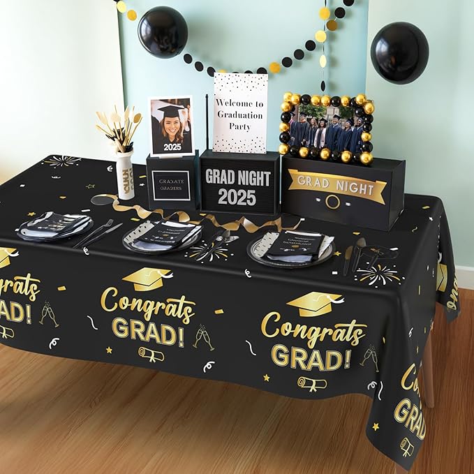 Slergut Graduation Tablecloth 3 Pack, Black and Gold Graduation