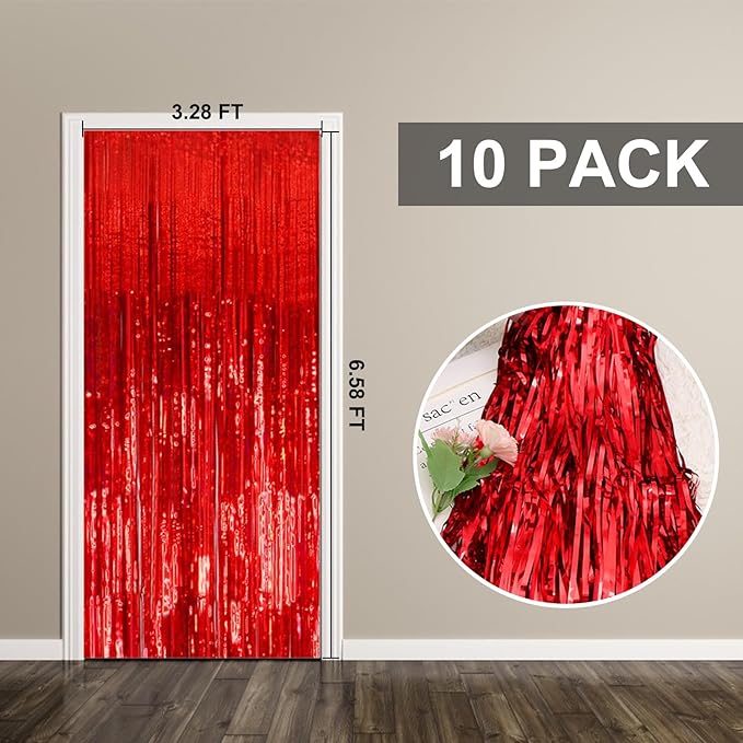10 Pack Foil Curtain Backdrop Red Metallic Tinsel Foil Fringe