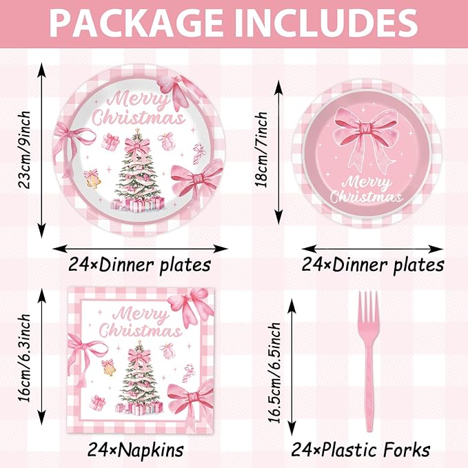 96Pcs Pink Christmas Tree Party Decorations Pink Bow Plates and