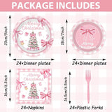 96Pcs Pink Christmas Tree Party Decorations Pink Bow Plates and