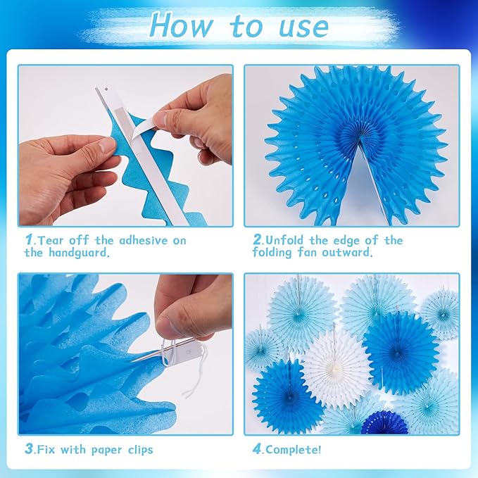 SUNBEAUTY Pack of 13 Blue White Hanging Honeycomb Paper Fans Party