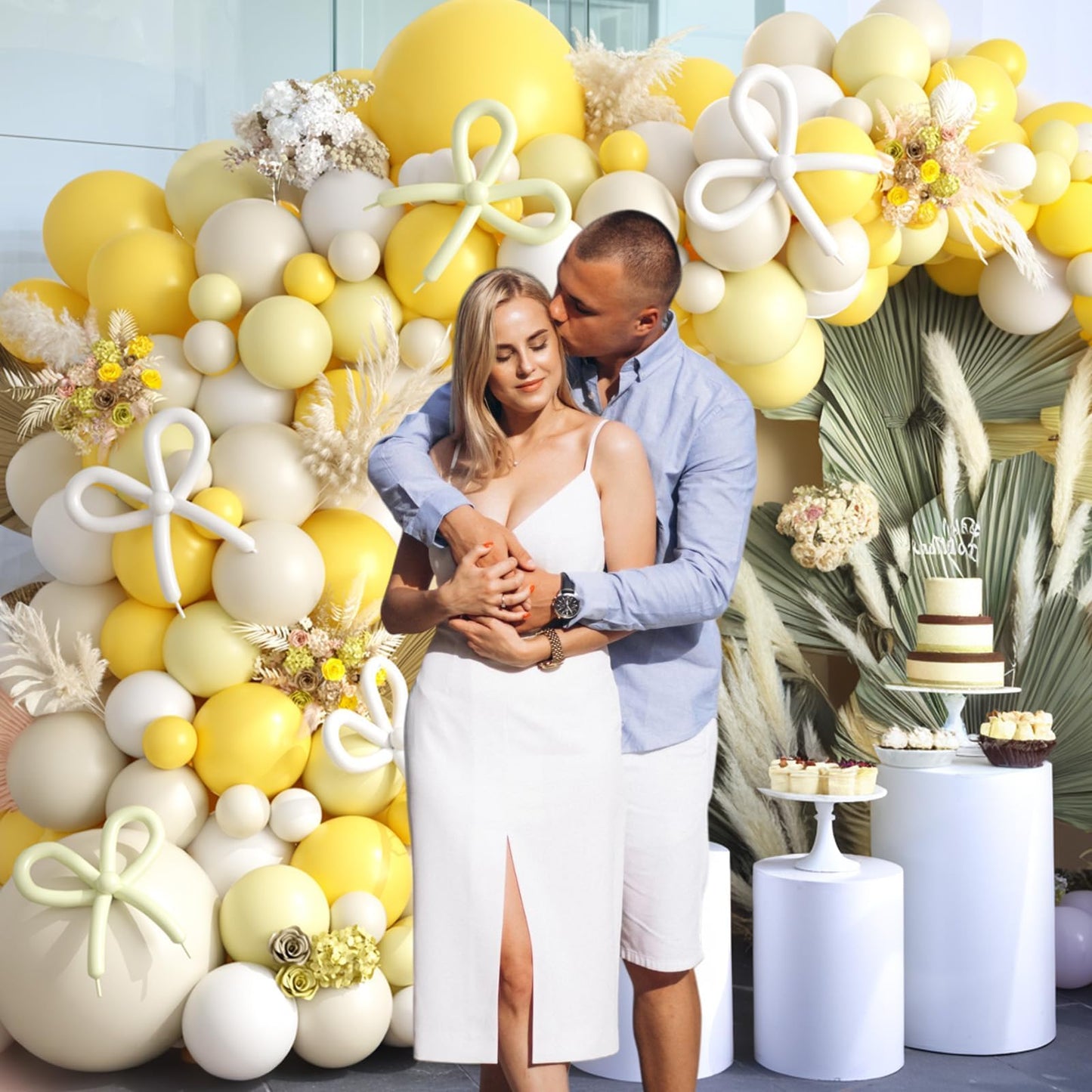 Mustard Yellow Bow Balloon Arch Kit, Sand White Pastel Yellow Balloon