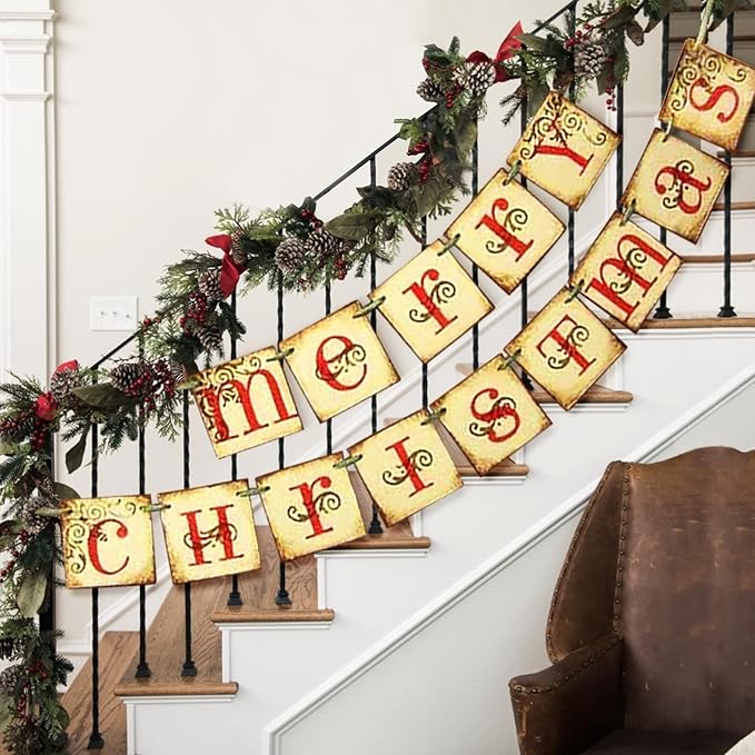 Christmas Decorations Vintage Merry Christmas Banner Retro Nostalgic