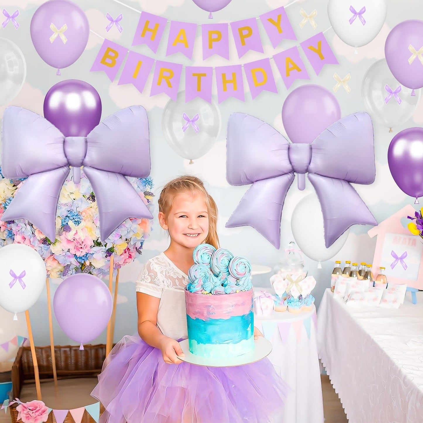 Purple Bow Birthday Decorations, Purple Happy Birthday Banner with