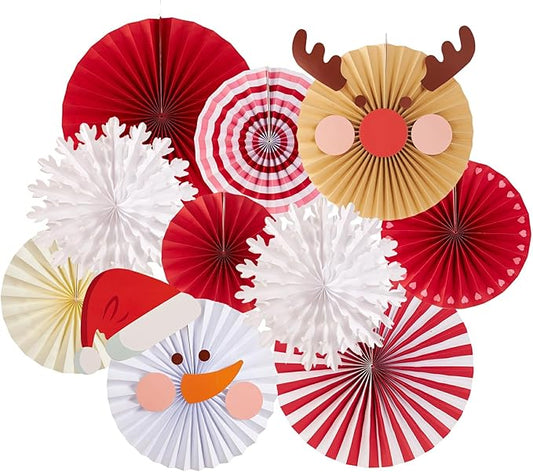 Christmas Hanging Paper Fans Decoration Red White Xmas Snowman Party