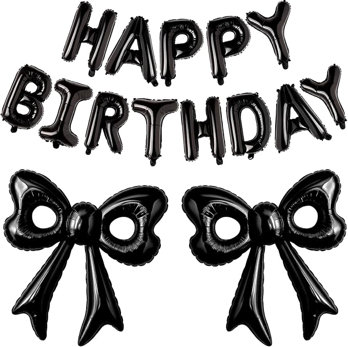 Black Happy Birthday Balloons, 31”Huge Black Bow Aluminum Foil