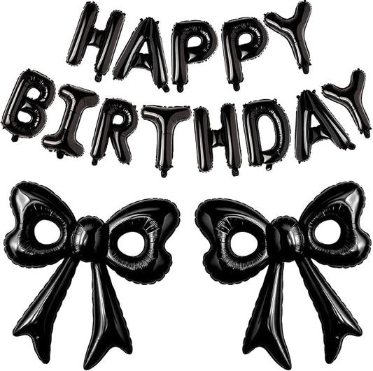 Black Happy Birthday Balloons, 31”Huge Black Bow Aluminum Foil