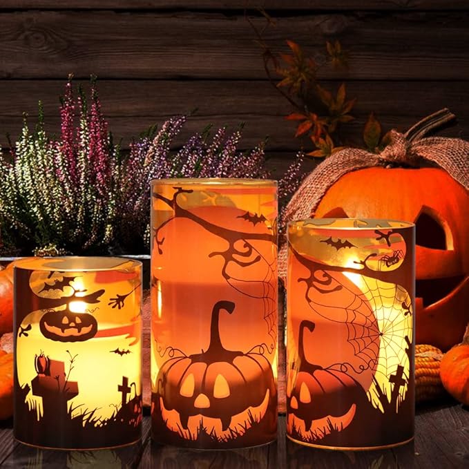 Halloween Flameless Candles with Remote Pumpkin Spider Web Decal and