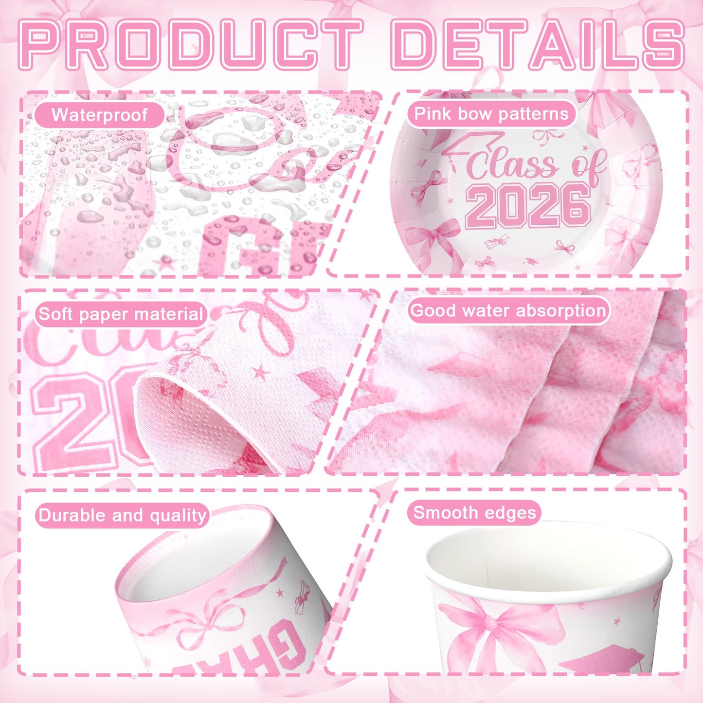 Hsei 250 Pcs Pink Graduation Disposable Plates and Napkins Bow