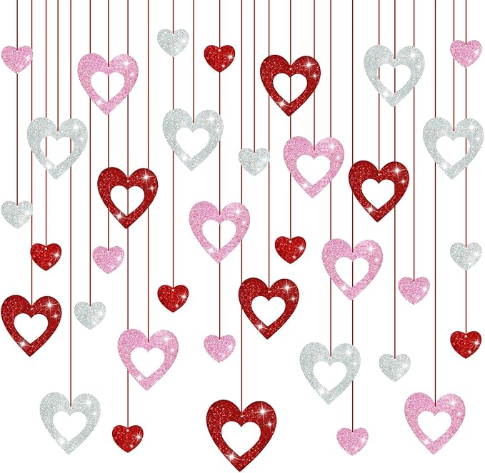 36PCS Valentine's Day Decorations Glitter Heart Hanging Swirls Red
