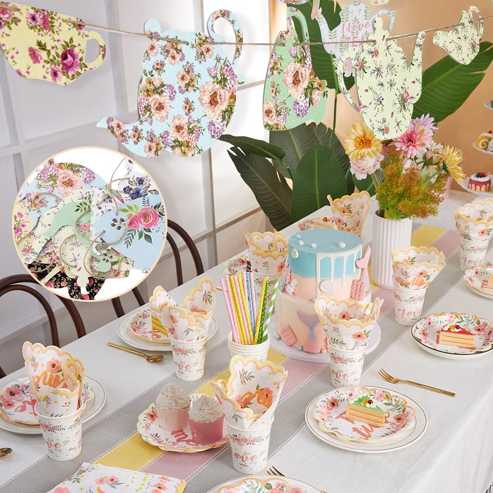 SUNBEAUTY Tea Party Decoration Teapot Bunting Garland Spring Garden