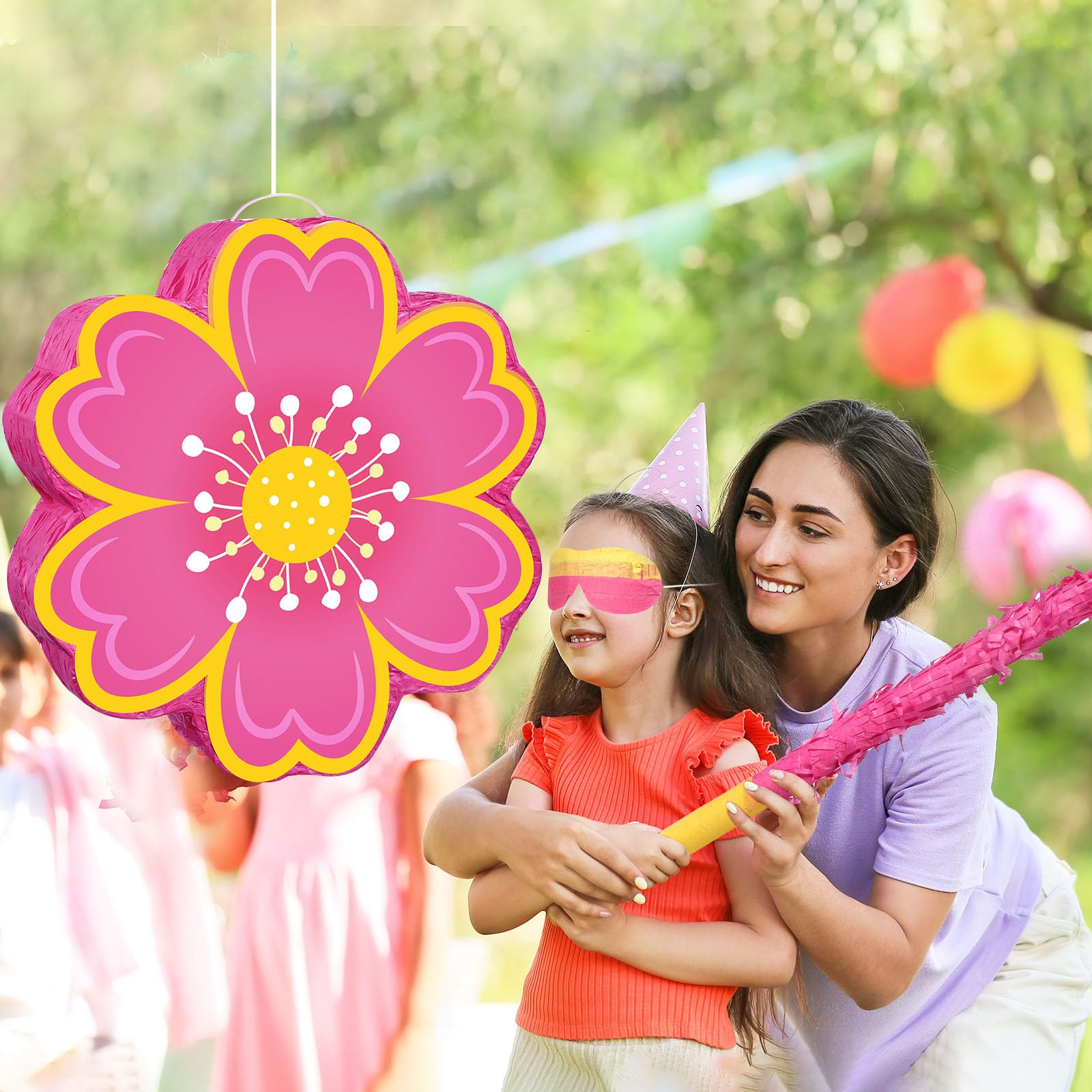 Aoriher Daisy Flower Piñata Set with Blindfold and Bat Pink Flower
