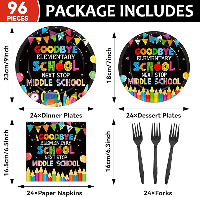 96Pcs Elementary Graduation Party Paper Plates and Napkins Goodbye