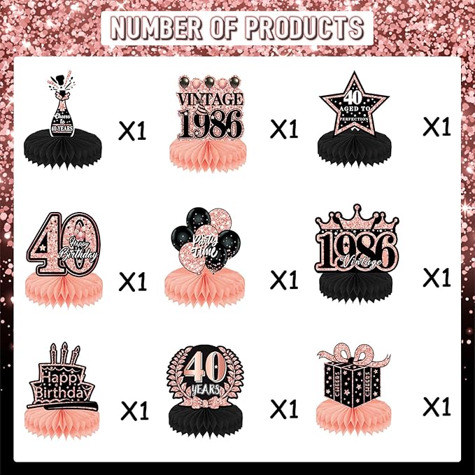 40th Birthday Decorations Women - 9pcs Pink Birthday Party