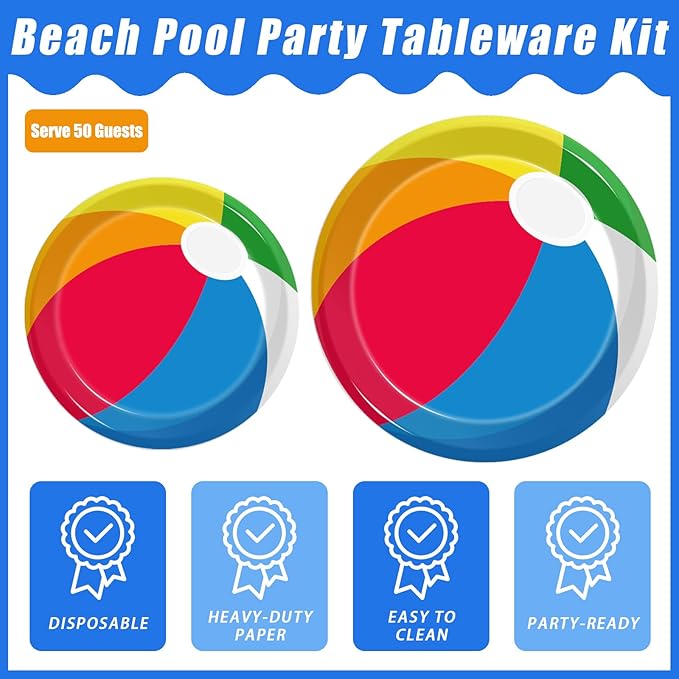 200Pcs Summer Pool Beach Party Tableware Set Beach Pool Ball Party