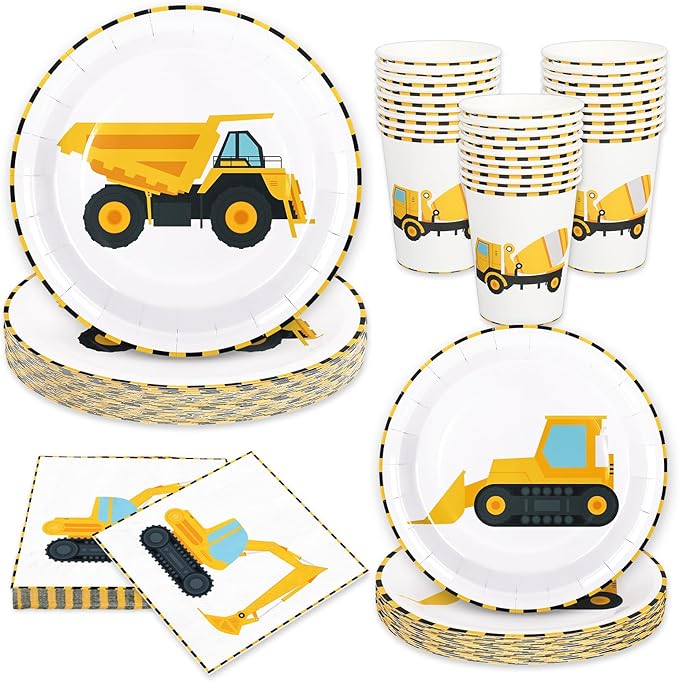 96Pcs Construction Party Tableware Dump Truck Paper Plate Napkin Cup