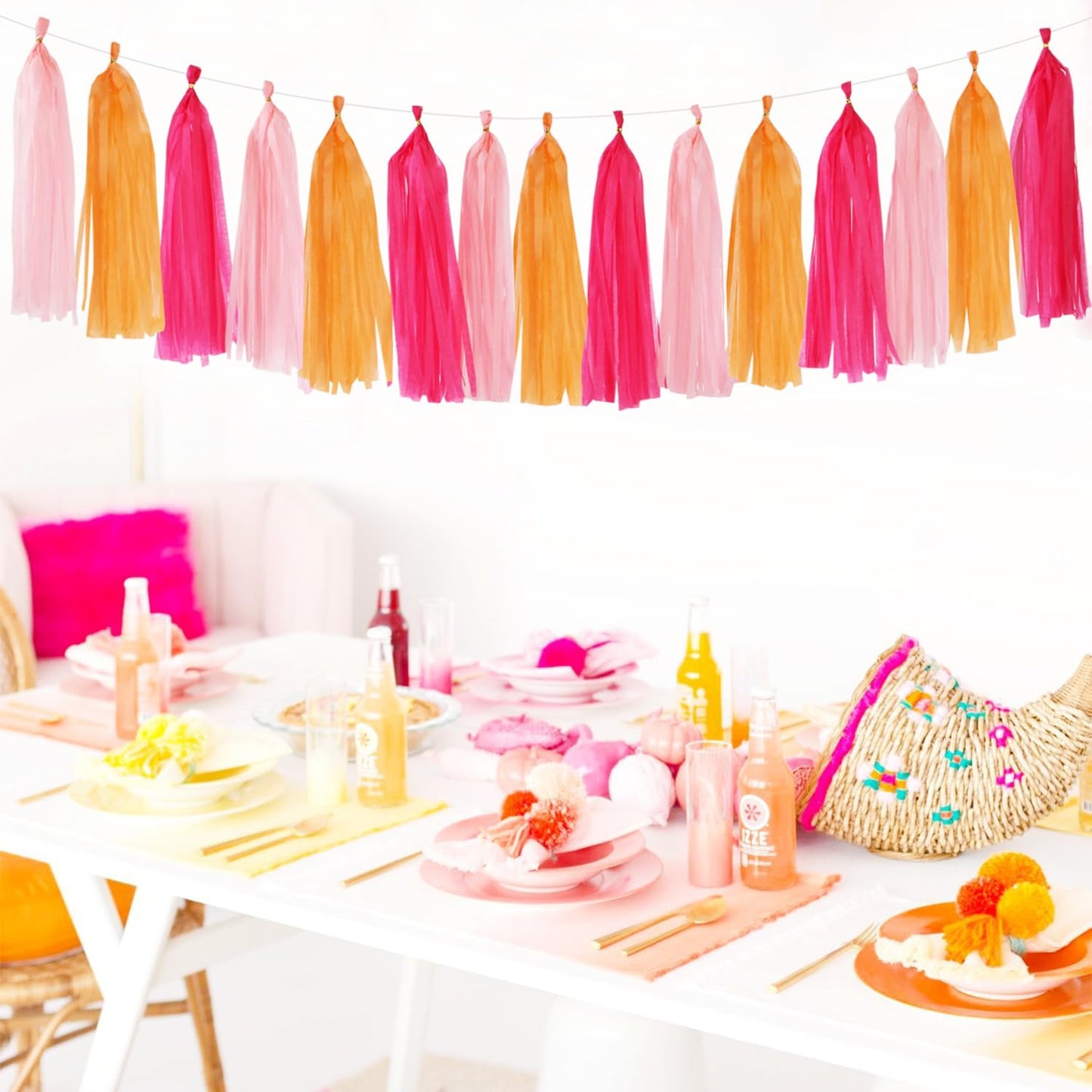 Hot-Pink Orange Fall Party-Decorations Tassel-Garland - 15pcs Groovy