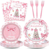 96Pcs Pink Christmas Tree Party Decorations Pink Bow Plates and