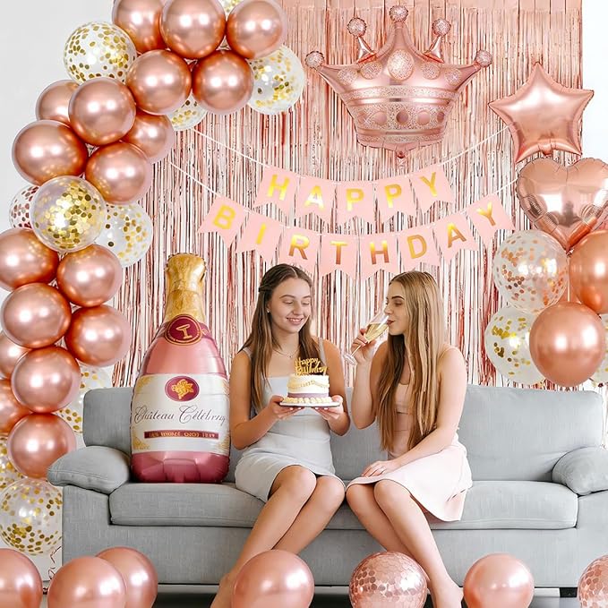 Rose Gold Birthday Decorations for Women, Happy Birthday Banner,