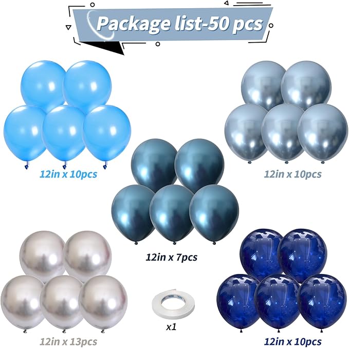 Blue and Silver Balloons, 50 PCS 12 Inch Pearl Royal Navy Blue Latex
