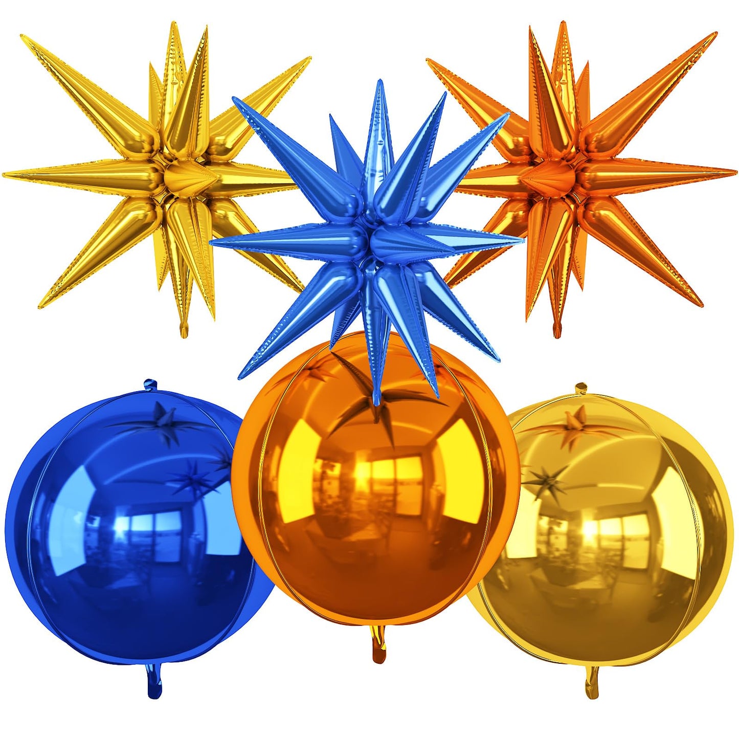 6Pcs Blue Orange Gold Foil Balloons,22Inch Orange Blue Gold 4D Round