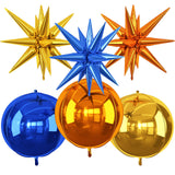 6Pcs Blue Orange Gold Foil Balloons,22Inch Orange Blue Gold 4D Round