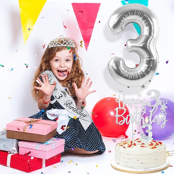 3rd Birthday Decorations for Girls Silver with 3rd Birthday Sash and