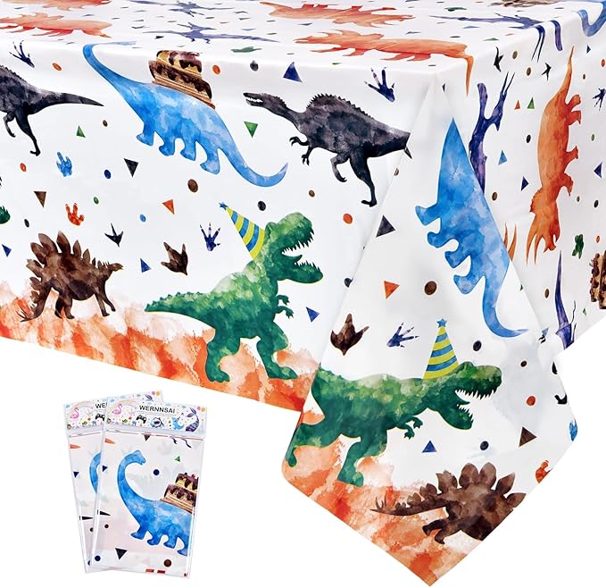 WERNNSAI Dinosaur Tablecloth - 2PCS 54''x108'' Watercolor Dino Table