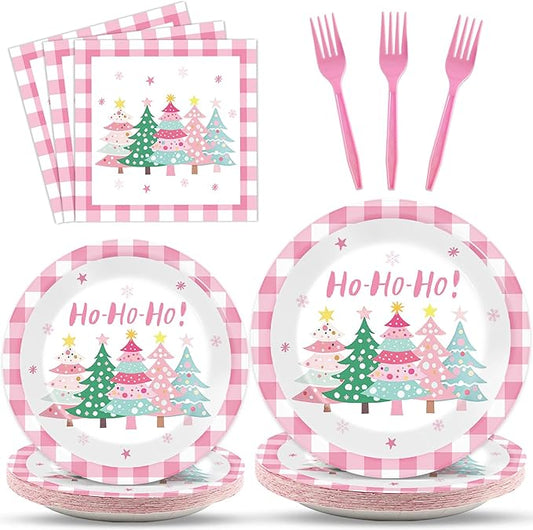 96Pcs Pink Christmas Trees Paper Plates and Napkins Xmas Watercolor