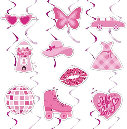 SOLDAY 20Pcs Pink Birthday Hanging Decorations Pink Girls Party Foil