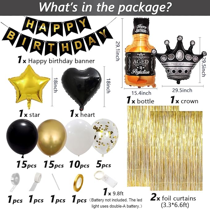 Black and Gold Party Decorations for Men with Happy Bithday Banner,