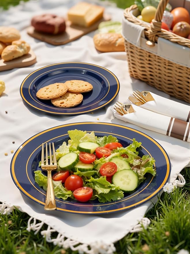 WDF Partyware 350PCS Navy Blue and Gold Plastic Plates with Rolled
