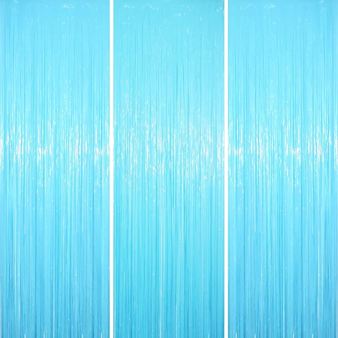 Voircoloria 3 Pack 3.3 x 8.2 ft Pastel Blue Foil Fringe Backdrop