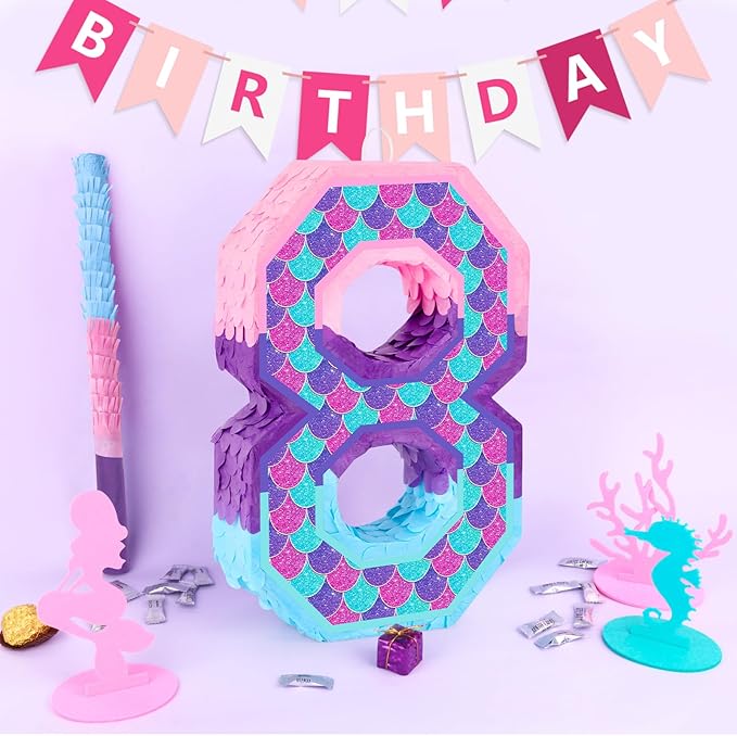 Mermaid Number 8 Pinata with Purple Pinata Stick Blindfold 8th