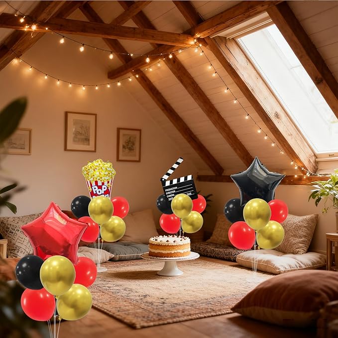 Movie Night Balloon Stand Set Red Gold Black Balloons for Film Party