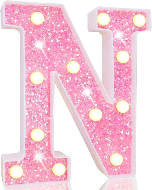 Pooqla LED Marquee Letter Lights, Pink Glitter Alphabet Sign Battery P