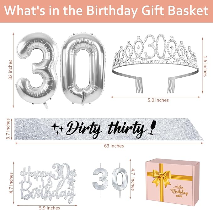 30th Birthday Decorations for Her Silver with 30th Birthday Sash and