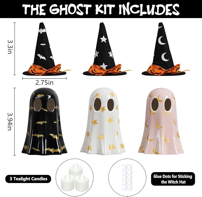 Halloween Decor Indoor Set of 3 Ceramic Ghosts with Witch Hats Cute